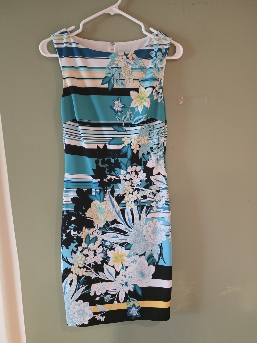 Cache Womens Teal and Black Floral Stripe Sheath Dress Size 4 EUC